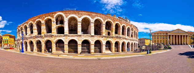 Roman amphitheatre Arena di Verona and Piazza Bra square panoramic view