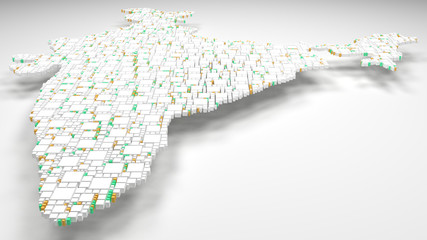 3D Map of India - Asia | 3d Rendering, mosaic of little bricks - White and flag colors