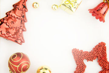 Christmas Decoration isolated on white background. Border art design with holiday baubles. Space for your text