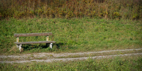 Obraz na płótnie Canvas Lonely bench in the flood control reservoir for the river Leitha near Katzelsdorf in Lower Austria. In non flood conditions the reservoir is used as an recreational area.