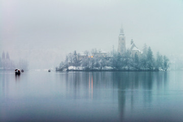 Naklejka premium Vew of Bled lake in the morning, Slovenia