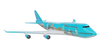Plane with famous landmarks of the world 3D rendering