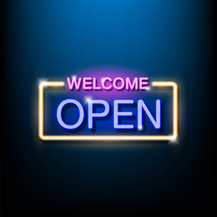 Neon sign, the word Welcome Open. Vector illustration.