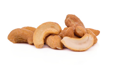 Roasted cashew nuts on white background