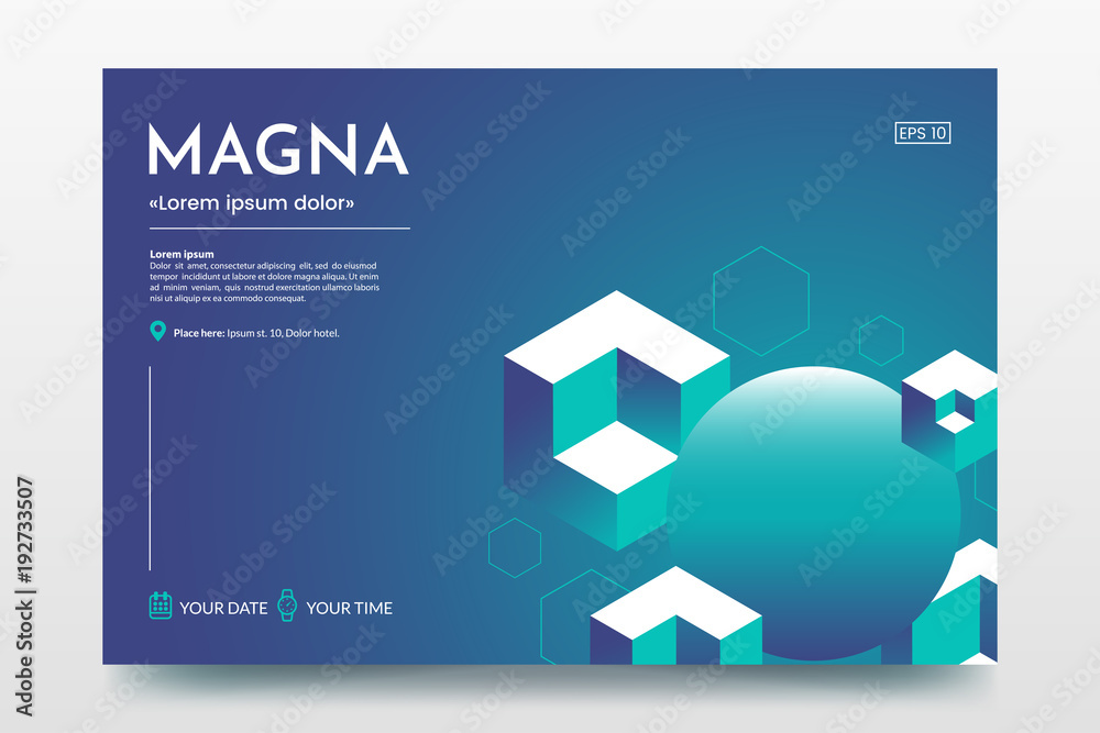 Poster Horizontal minimalistic poster with isometric cubes and place for text. Abstract colorful isometric background. Use for party invitation, presentation, conference invite, avertising, web page, flyer.