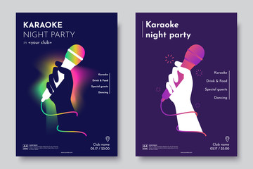 Karaoke party invitation flyer template. Silhouette of Hand with microphone on an abstract dark background. Concept for a night club advertising company. Creative invite poster. Vector eps 10 - obrazy, fototapety, plakaty