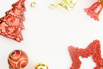 Christmas Decoration isolated on white background. Border art design with holiday baubles. Space for your text