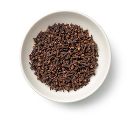 Cloves in Bowl Isolated on White Background. Top View