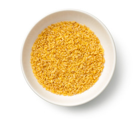 Bulgur, Dry Wheat Grains in Bowl Isolated on White Background