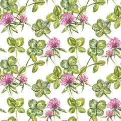 Clover leaf and flowers hand drawn seamless pattern watercolor illustration. Happy Saint Patricks Day.