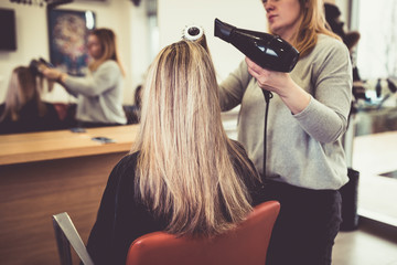 Naklejka premium Hairstylist drying hair woman client in hairdressing beauty salon. 