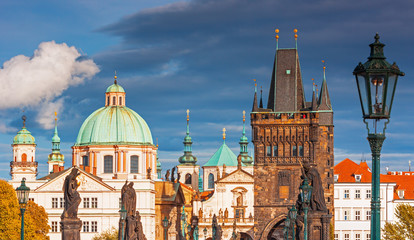 Naklejka premium Scenic view of historical center Prague, Charles bridge and buildings of old town, Prague, Czech Republic