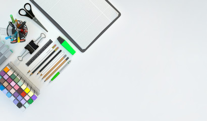 Modern workspace with stationery set on white color background. Top view. Flat lay. 3D illustration