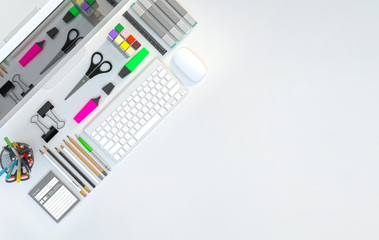 Modern workspace with stationery set on white color background. Top view. Flat lay. 3D illustration