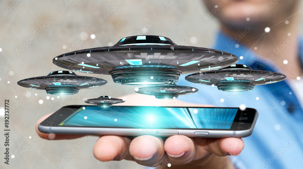 Poster Businessman with retro UFO spaceship 3D rendering