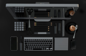 Modern work space with computer, stationery set on black color background. Top view. Flat lay. 3D illustration