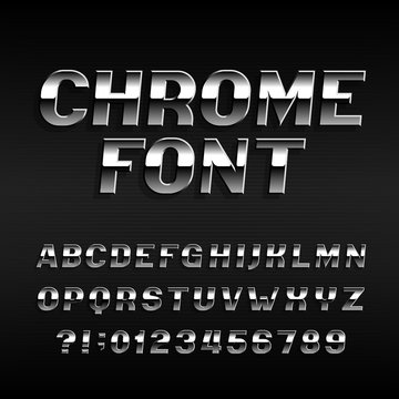 Chrome effect alphabet font. Steel numbers, symbols and letters. Stock vector typography for your design.