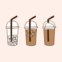 Iced Coffee with ice and cream. Doodle drawing vector