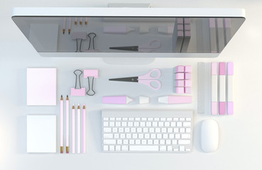 Modern workspace with computer, stationery set on pink color background. Top view. Flat lay. 3D illustration