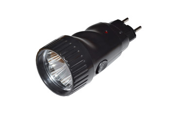Led rechargeable flashlight in black plastic case isolated on white background