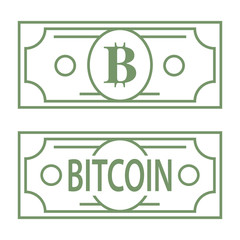 Bitcoin B letter green symbol styled as dollar bank note, line design icon illustration