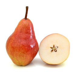 Yellow and red pear and half isolated on white background
