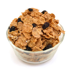 bran and raisin cereal in a bowl , top view