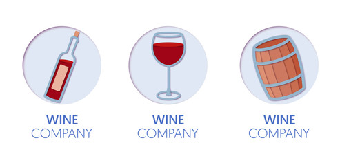 Paper Cut Out Logo Template Set with Wine. Origami Winery Symbols for Branding, Brochure, Identity. Vector illustration