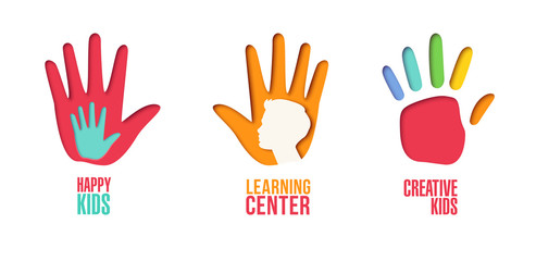 Paper Cut Out Logo Template Set with Children Hands. Origami Kids Symbols for Branding, Brochure, Identity. Vector illustration