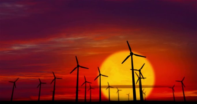 Energy windmills silhouette on sunset background. Concept animation of ecological power.