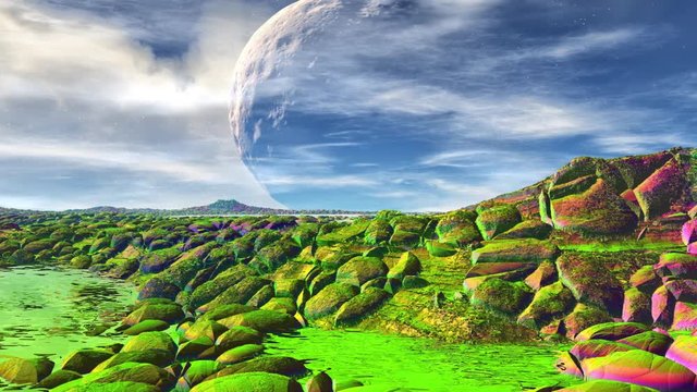 Alien Planet. Mountain and  water. Animation. Panorama. 4K