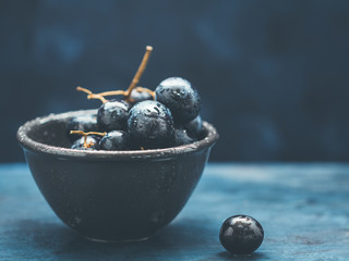 Close-up of the wet fresh blue grape in a black bowl. Mystic light food photography style.