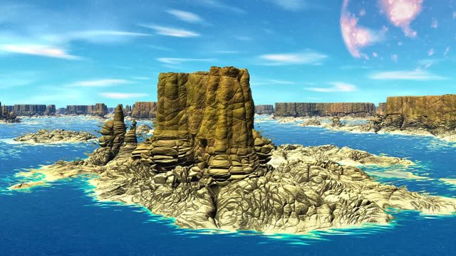 Alien Planet. Mountain and  water. Animation. Panorama. 4K