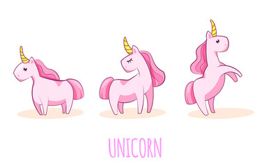 Vector set of three cute unicorns.