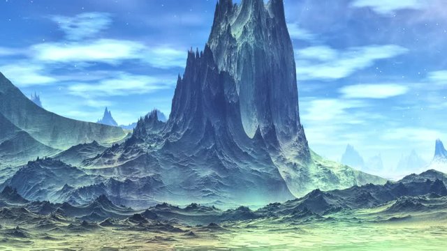 Alien Planet. Mountain and  water. Animation. Panorama. 4K