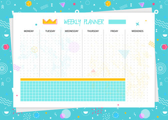 Vector weekly planner. Organizer and schedule template. Memphis style. eps