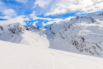 Fototapeta na wymiar View of beautiful mountains covered with fresh snow during winter season, Obergurgl-Hochgurgl ski area, Austria