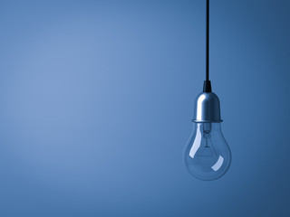 Hanging Light bulb isolated on dark blue background . 3D rendering.