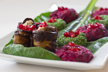 Rolls of eggplant with a filling of walnuts, Georgian snack 