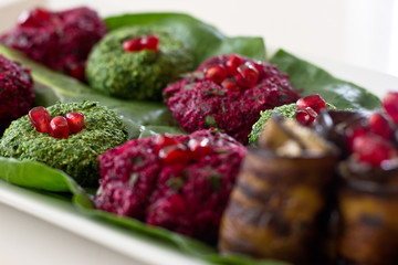 Rolls of eggplant with a filling of walnuts, Georgian snack 