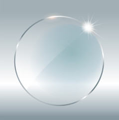 Transparent round circle. See through element on checkered background. Plastic banner with reflection and shadow. Glass plate mock up.
