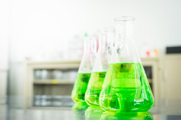 Green chemicals in beaker.