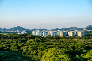 Fototapeta premium Forest landscape with condos in the background, near Vila Panamericana, Barra da Tijuca, Rio de Janeiro