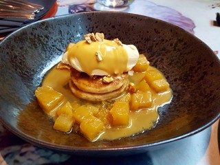 Dessert with mango,pancake and ice cream.