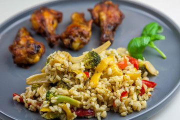 Chicken wings with sweet chilli sauce and brown rice with vegetables