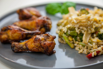 Chicken wings with sweet chilli sauce and brown rice with vegetables