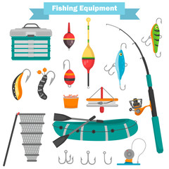 Differeent fishing equipment color flat icons set