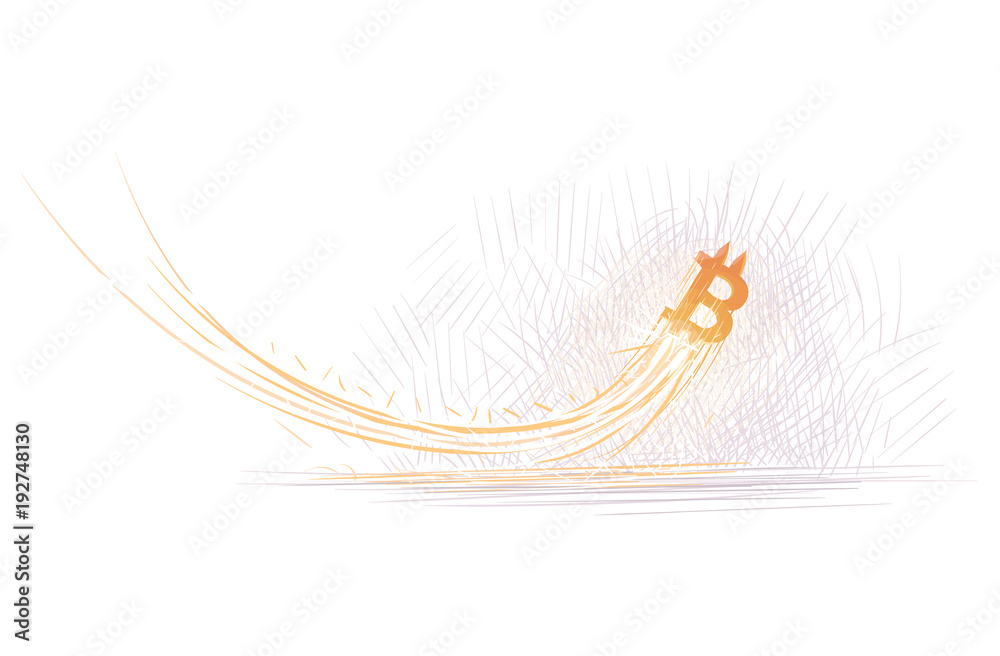 Wall mural Bitcoin Symbol as rocket flying up after falling down concept illustration. Vector. 