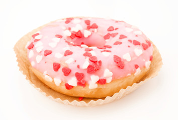 pink glazed donuts, with red hearts