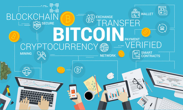 Bitcoin. Flat design style web banner of blockchain technology, bitcoin, altcoins, cryptocurrency mining, finance, digital money market, cryptocoin wallet, crypto exchange. 